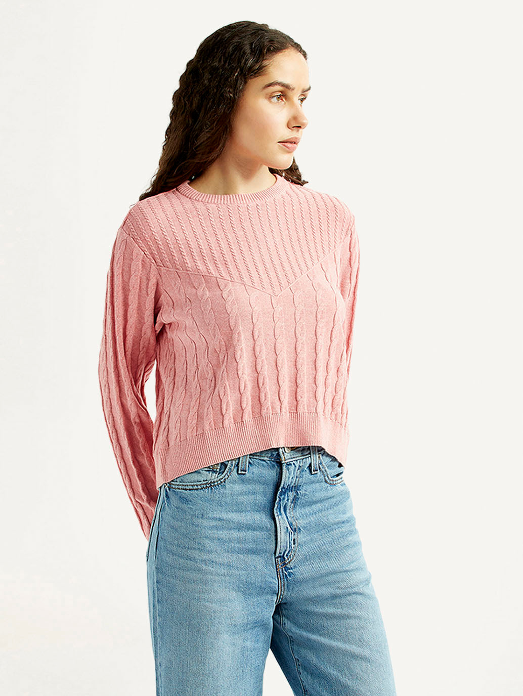 Women's Jacquard Pink Crew Neck Sweater - Side View