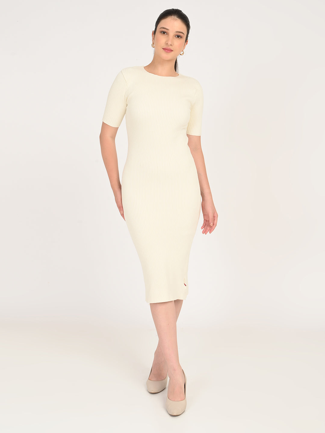Women's Textured Cream Round Neck Dress - frount View