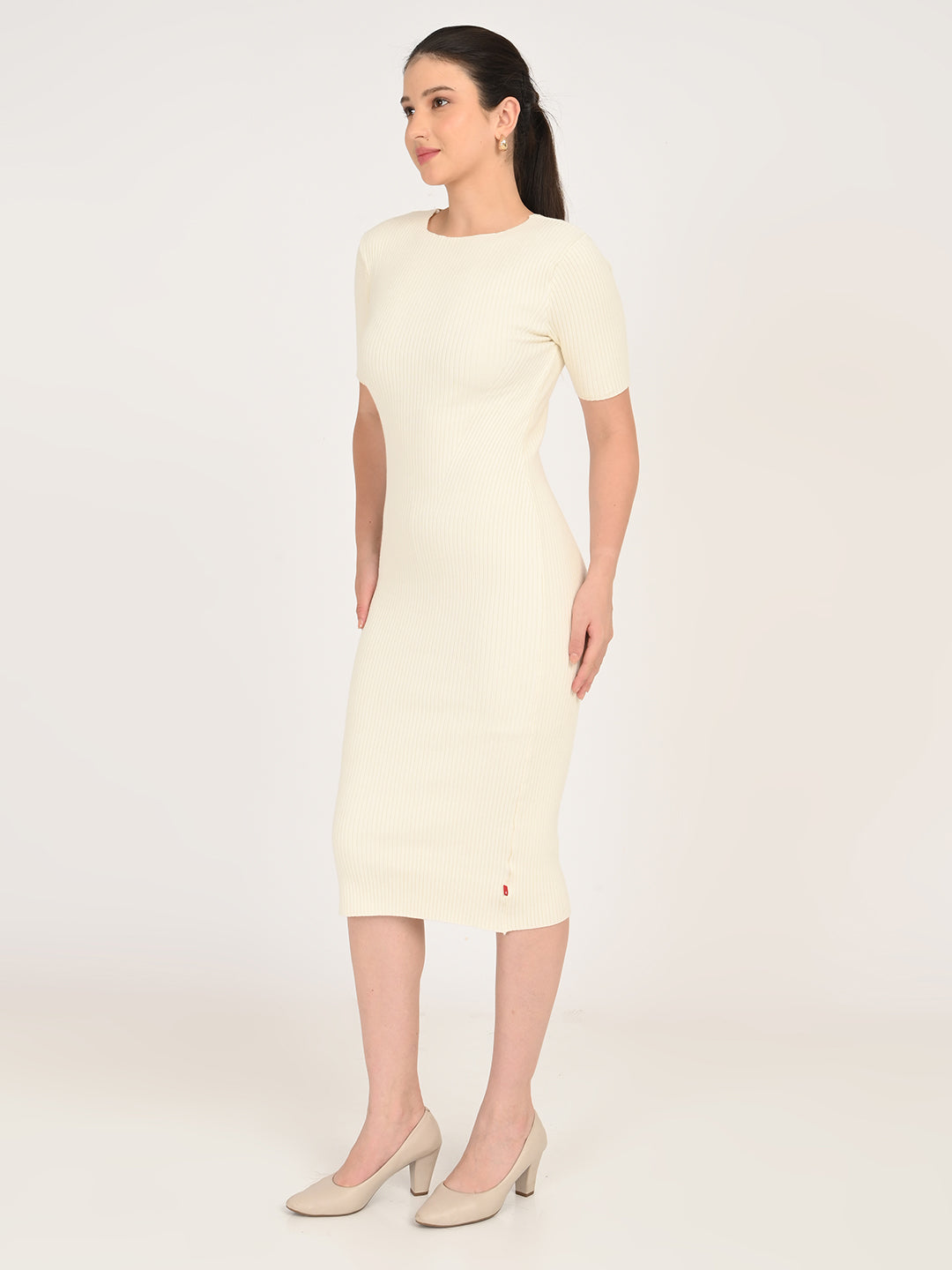 Women's Textured Cream Round Neck Dress - side View