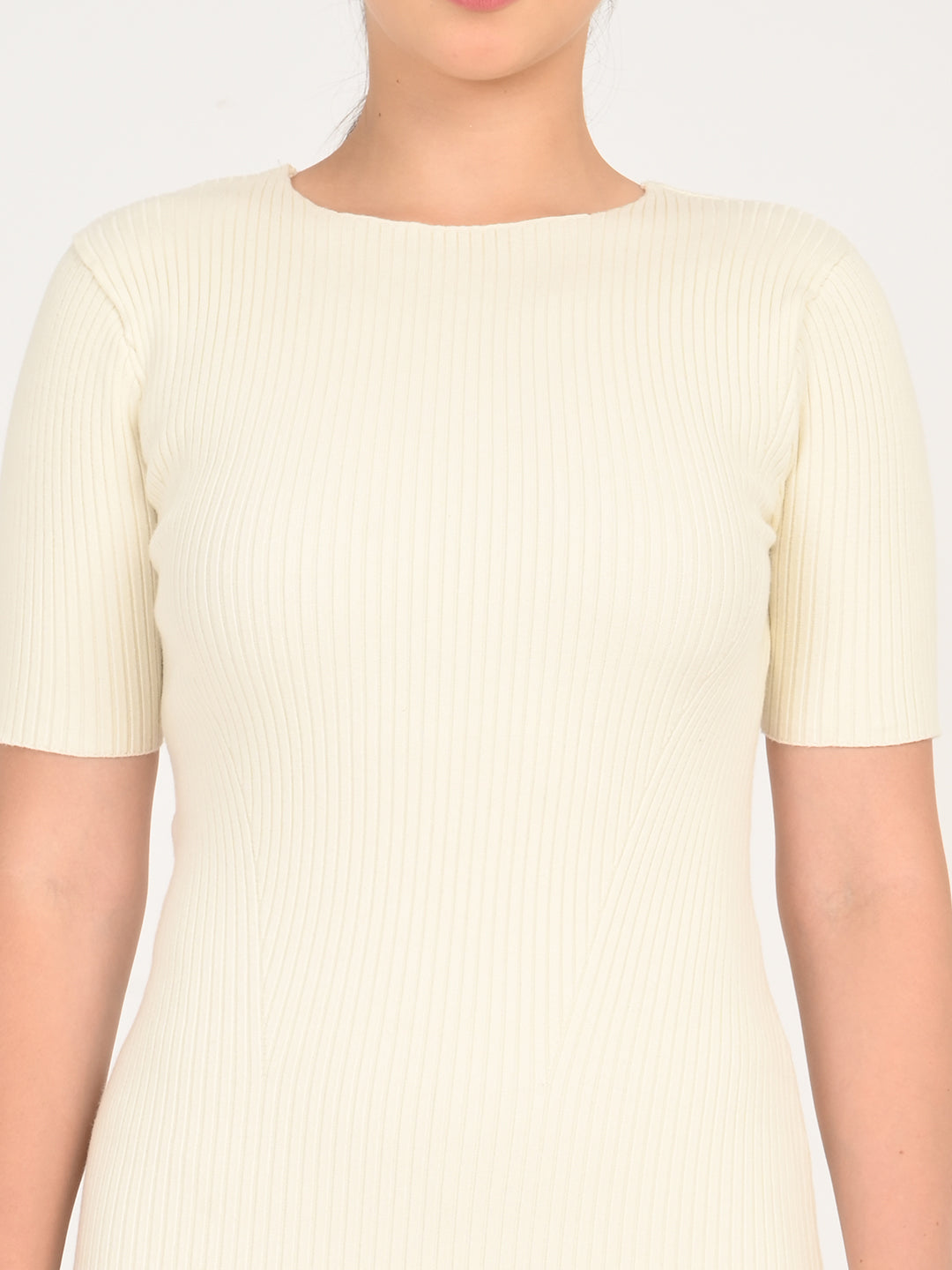 Women's Textured Cream Round Neck Dress - detail View