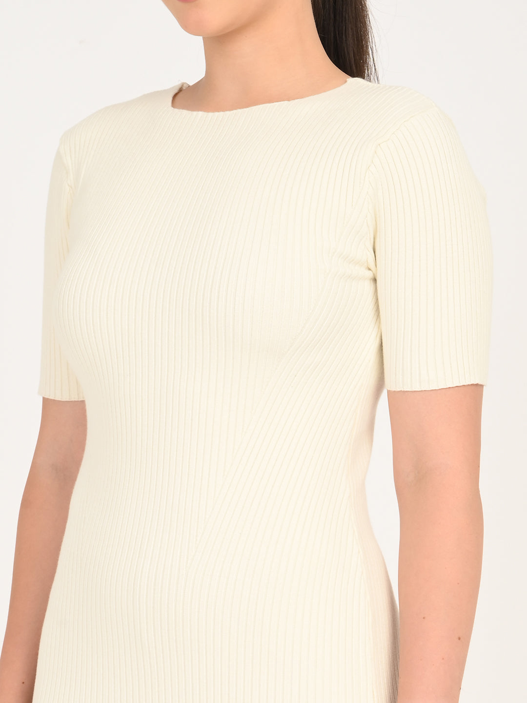 Women's Textured Cream Round Neck Dress - detail View