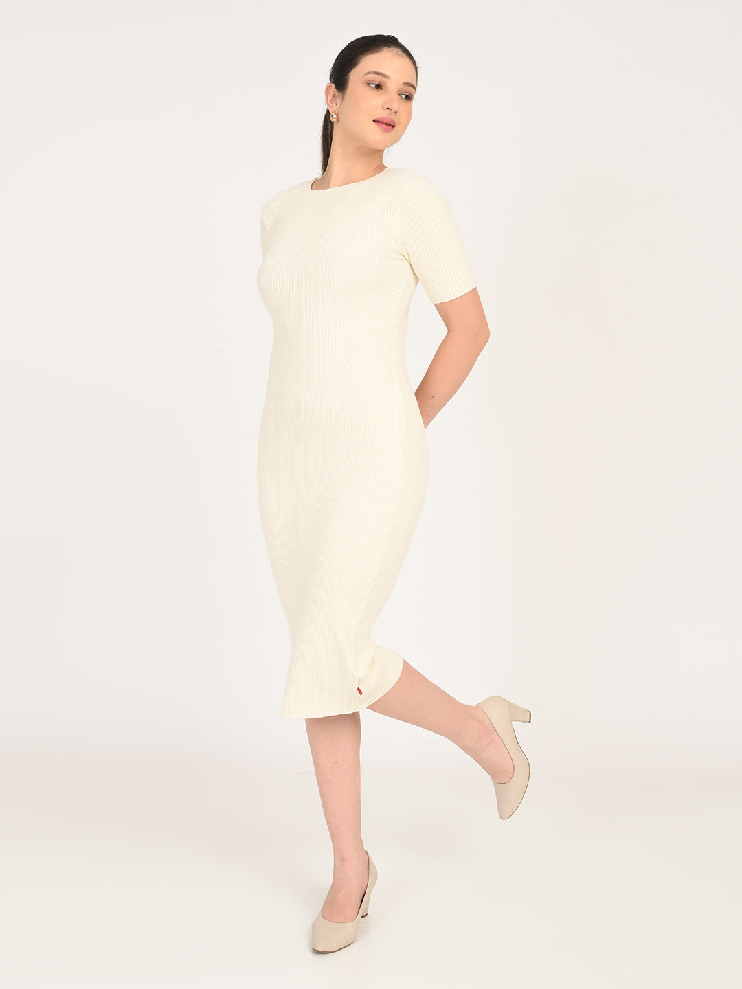 Women's Textured Cream Round Neck Dress - 6 View