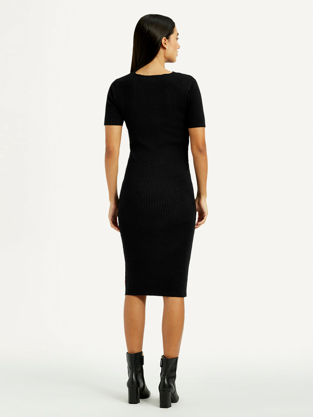 Women's Solid Black Boat Neck Dress - Back View