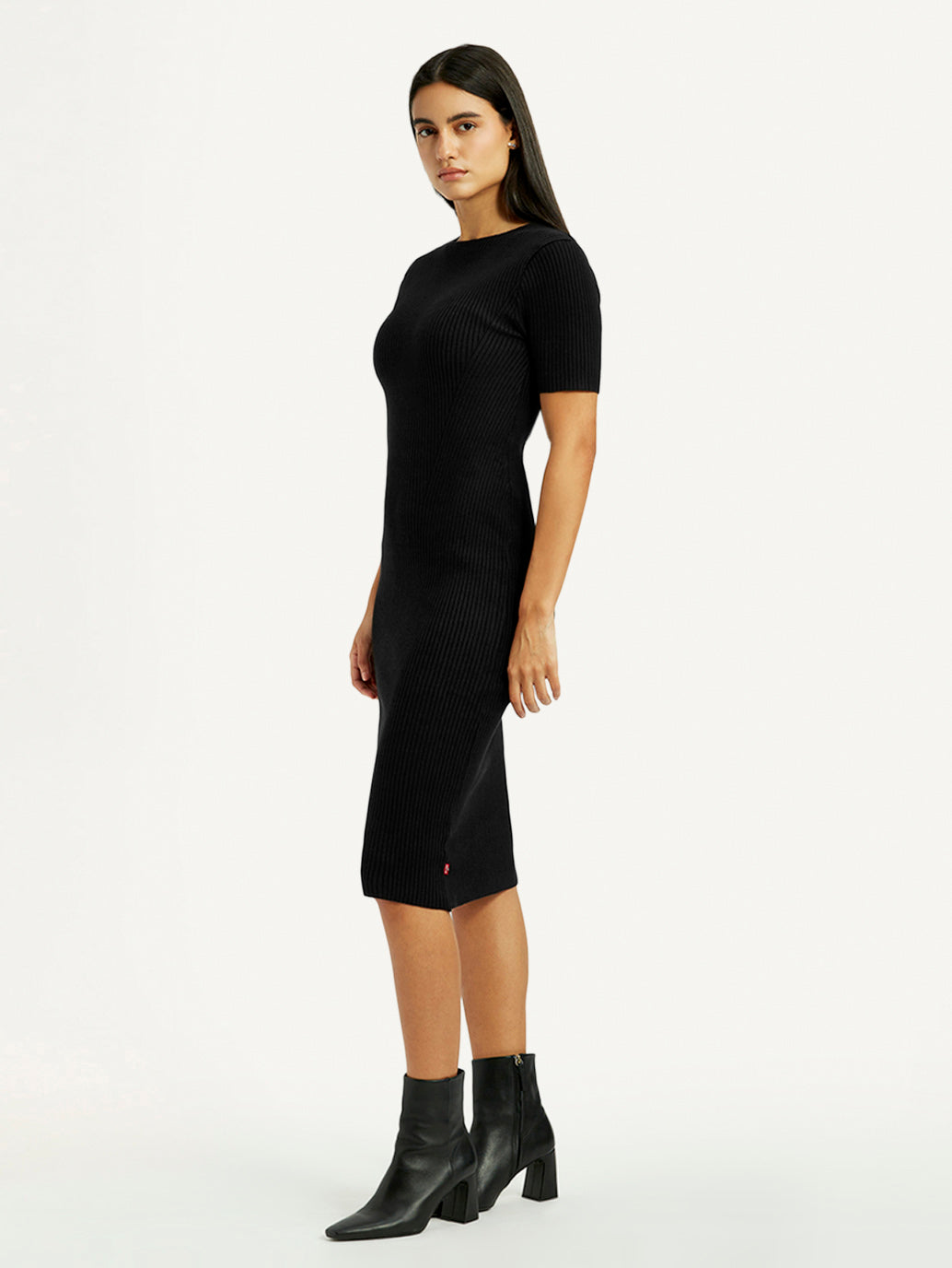 Women's Solid Black Boat Neck Dress - Side View