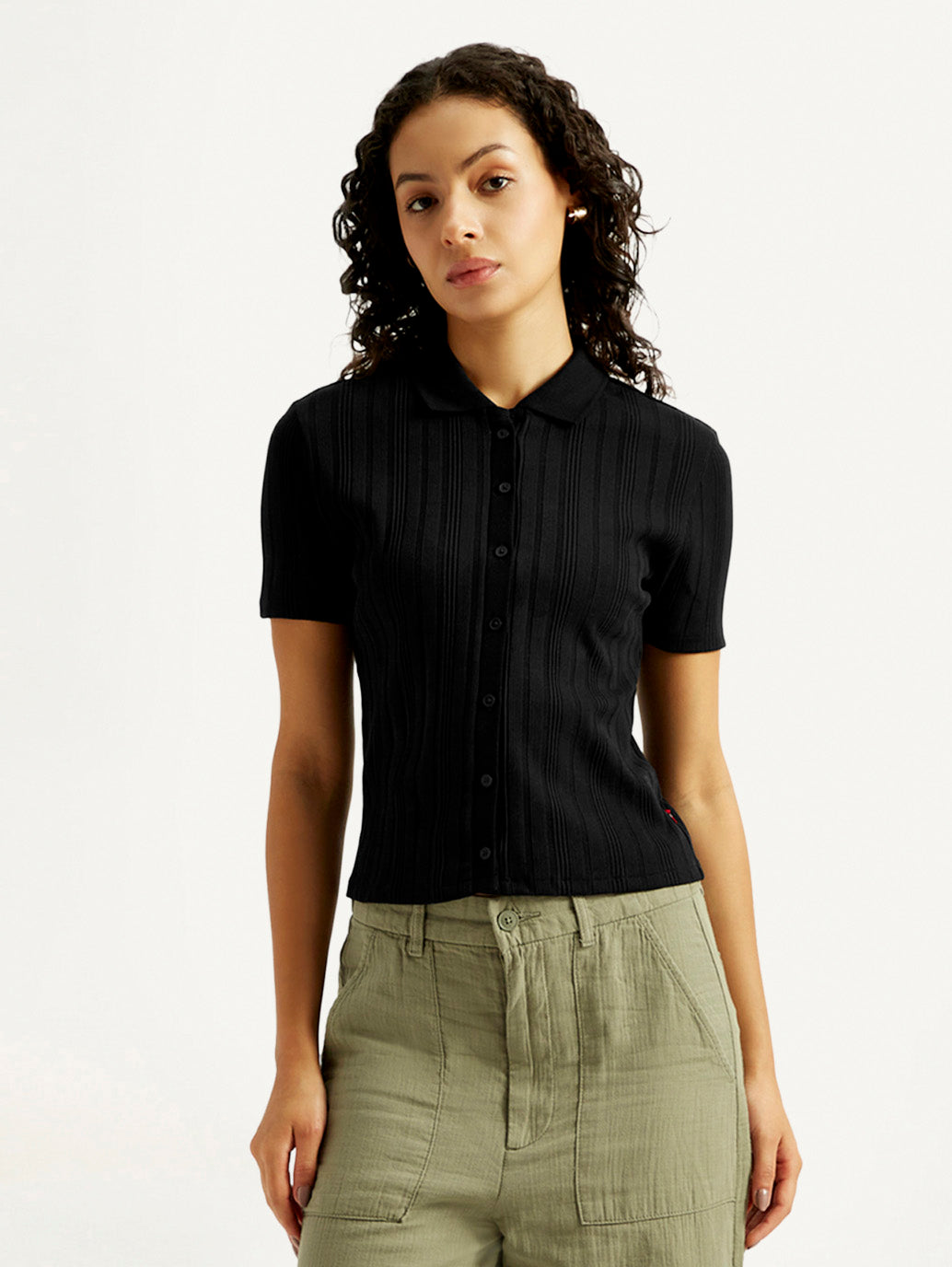 Women's Textured Slim Fit Ribbed Polo Shirt - Front View