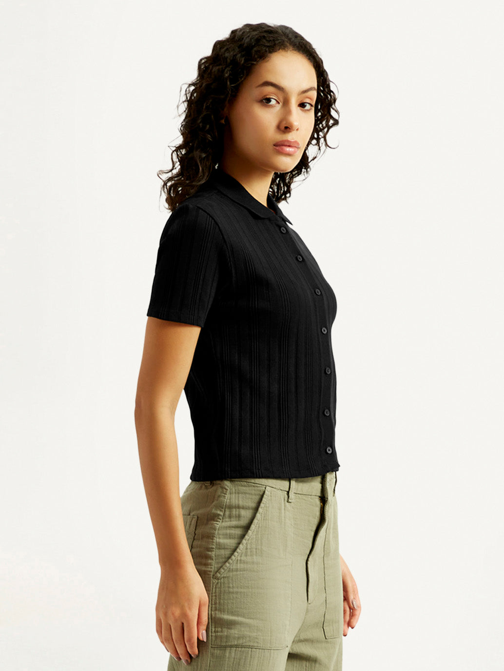 Women's Textured Slim Fit Ribbed Polo Shirt - Side View