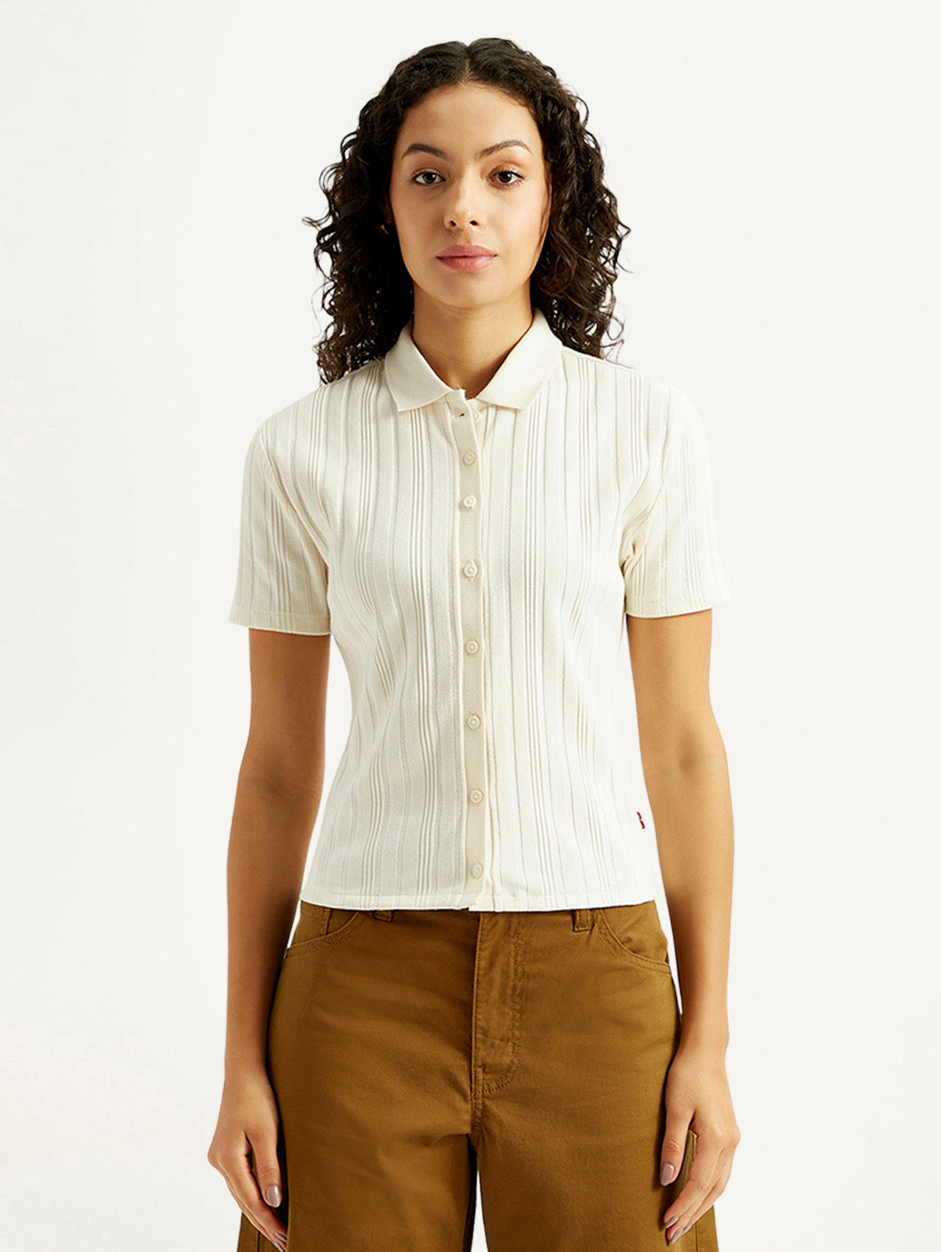 Women's Textured Slim Fit Ribbed Polo Shirt - Front View