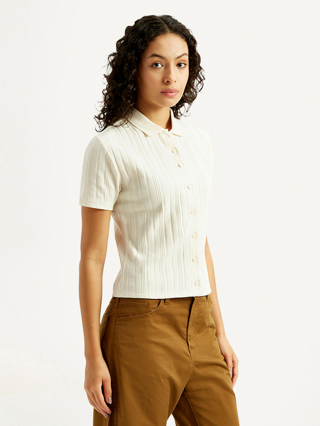 Women's Textured Slim Fit Ribbed Polo Shirt - Side View