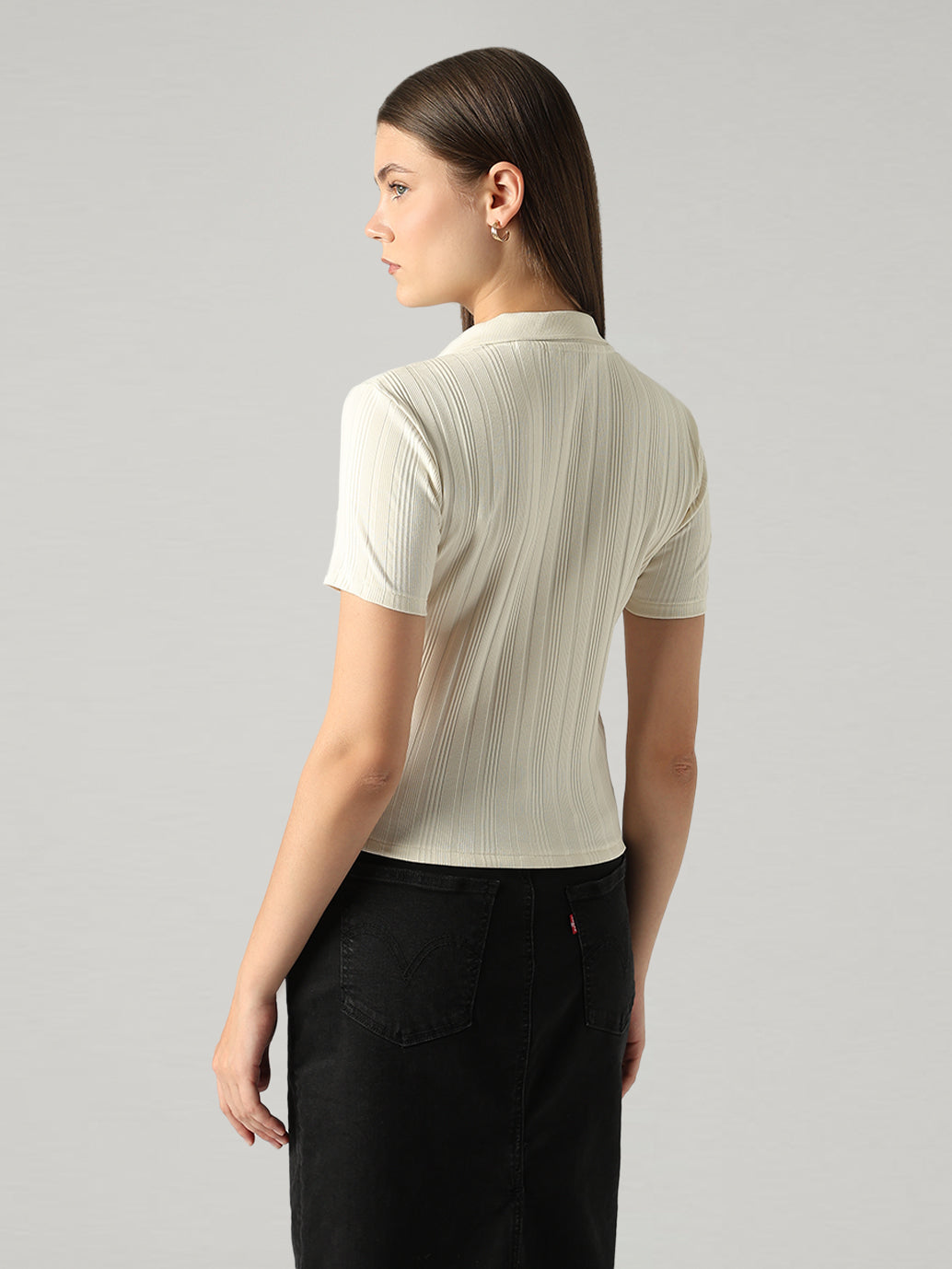 Women's Solid Slim Fit Ribbed T-Shirt - Back View