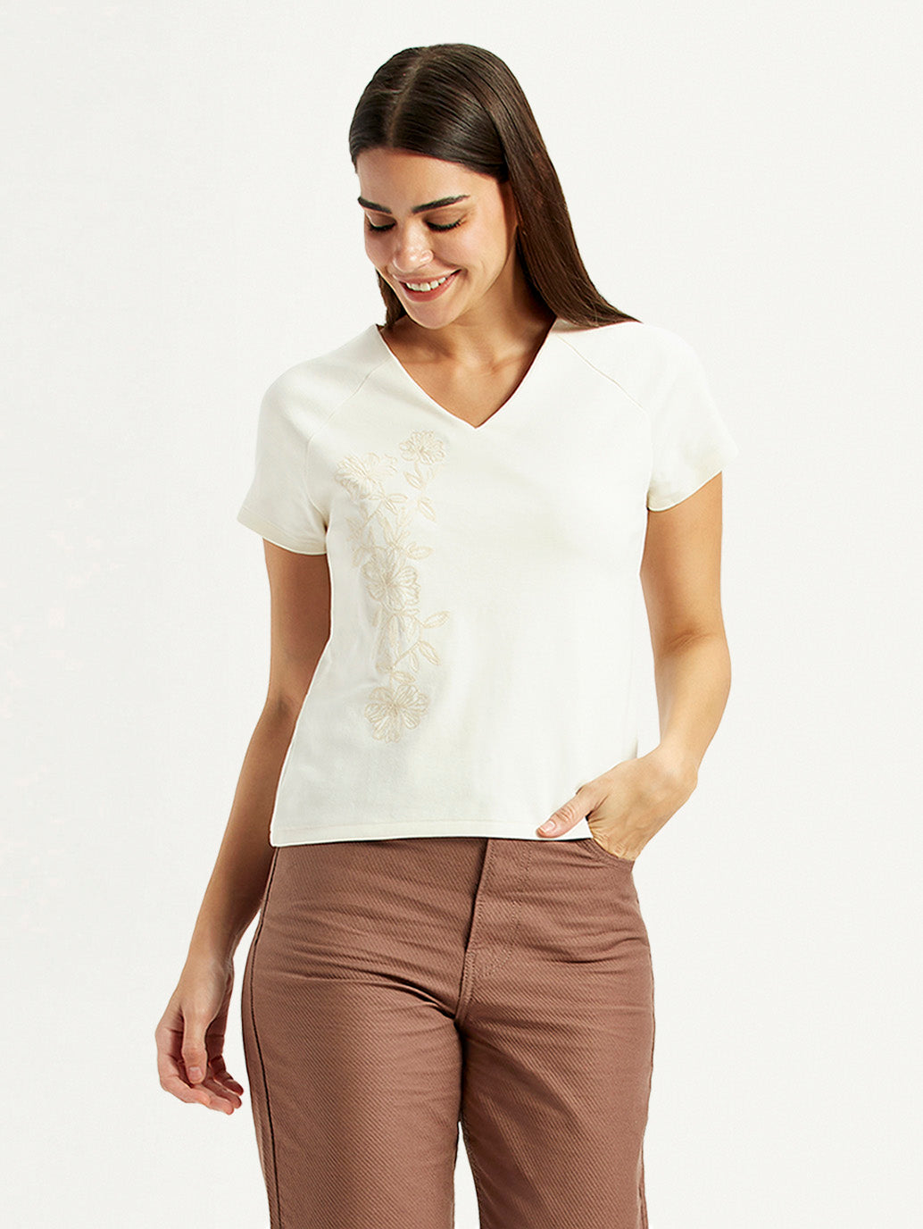 Women's Embroidered White V-Neck Top