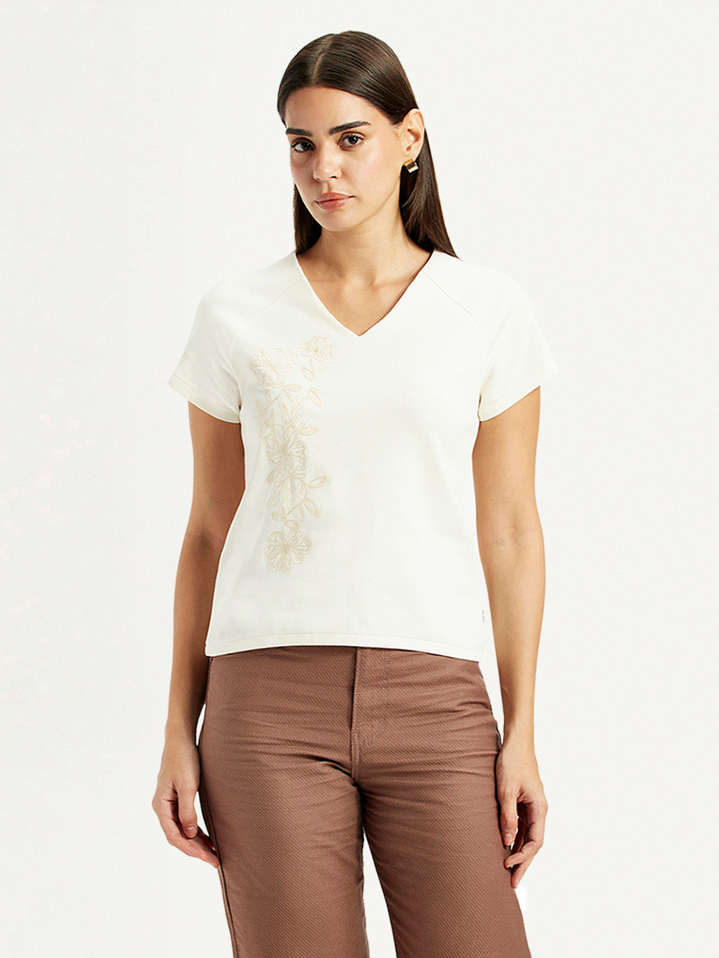 Women's Embroidered White V-Neck Top - Front View