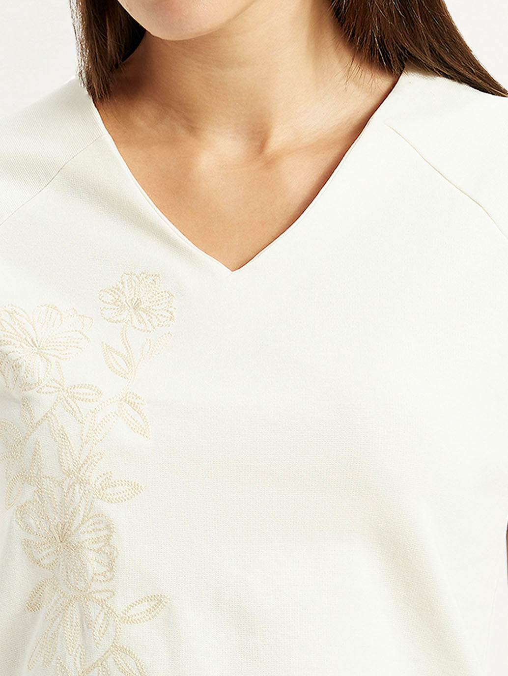 Women's Embroidered White V-Neck Top - Detail View