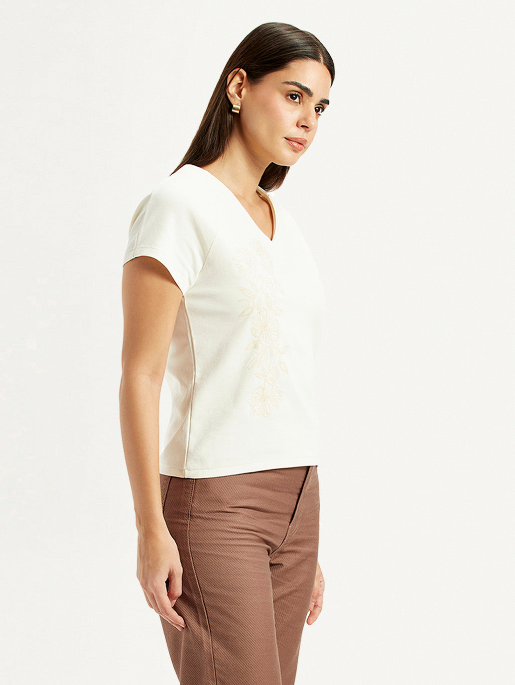 Women's Embroidered White V-Neck Top - Side View