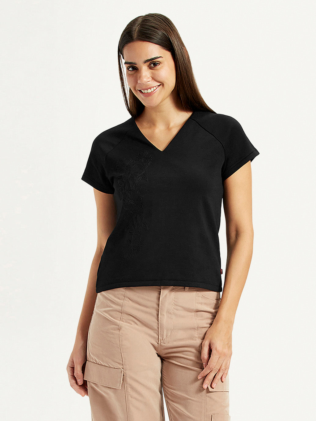 Women's Embroidered Black V-Neck Top - Styleshot View
