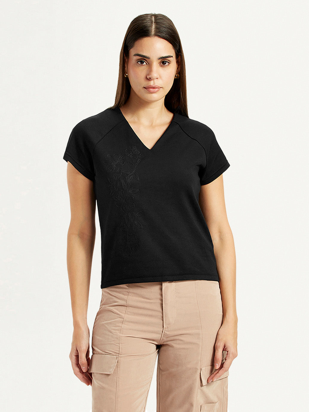Women's Embroidered Black V-Neck Top - Front View