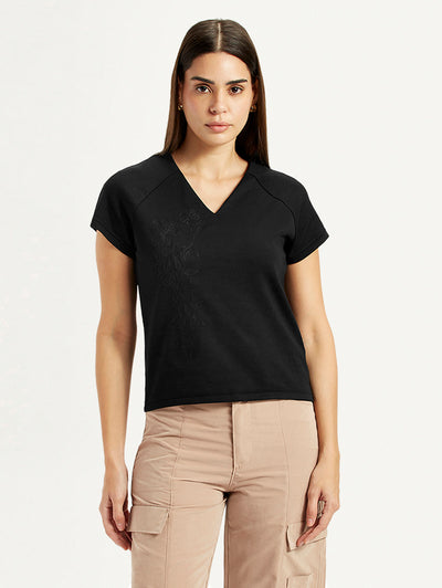 Women's Embroidered Black V-Neck Top