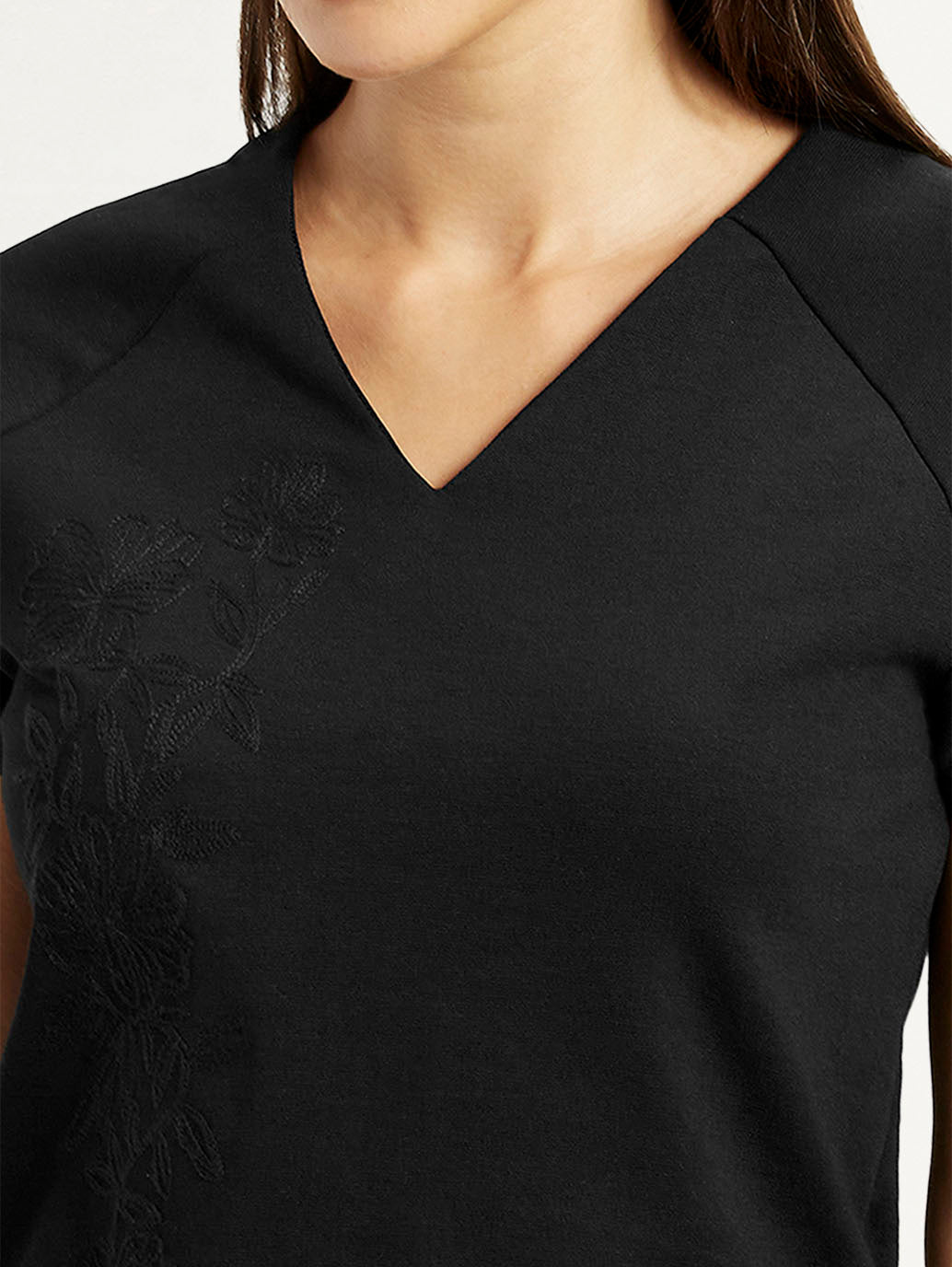 Women's Embroidered Black V-Neck Top - Detail View