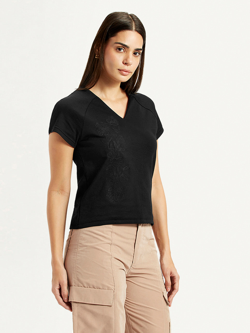 Women's Embroidered Black V-Neck Top - Side View