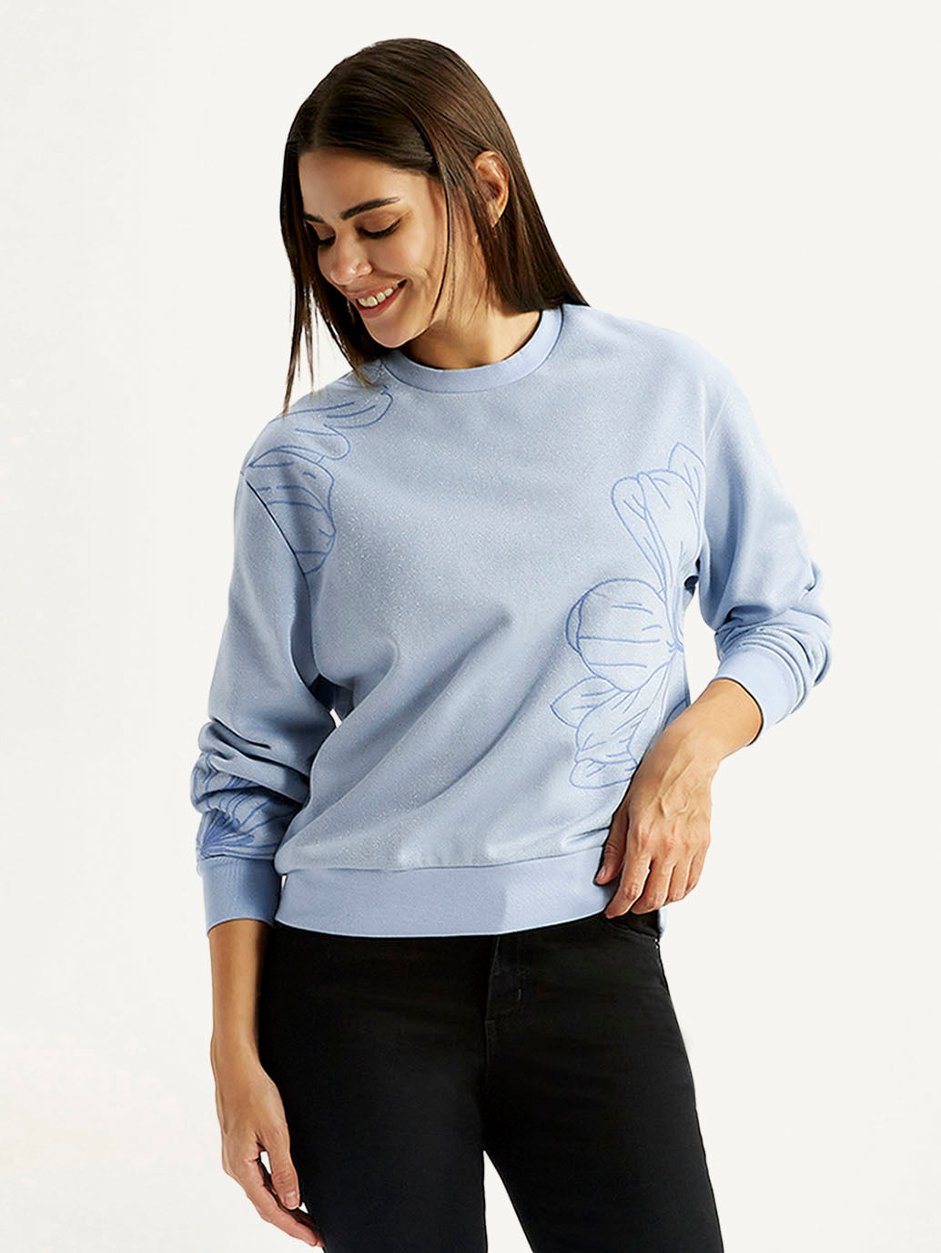 Women's Floral Blue Crew Neck Sweatshirt - Styleshot View