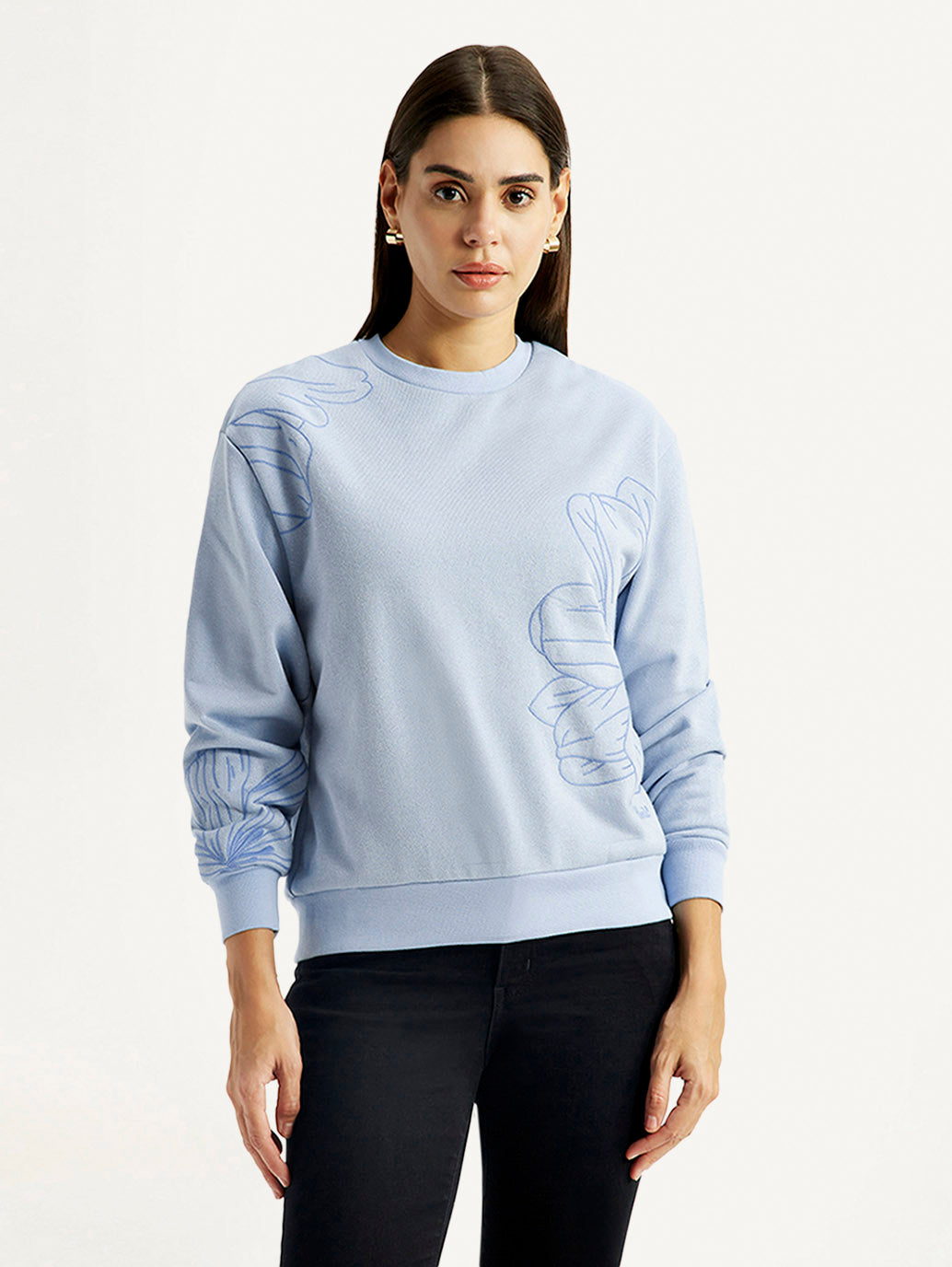 Women's Floral Blue Crew Neck Sweatshirt - Front View