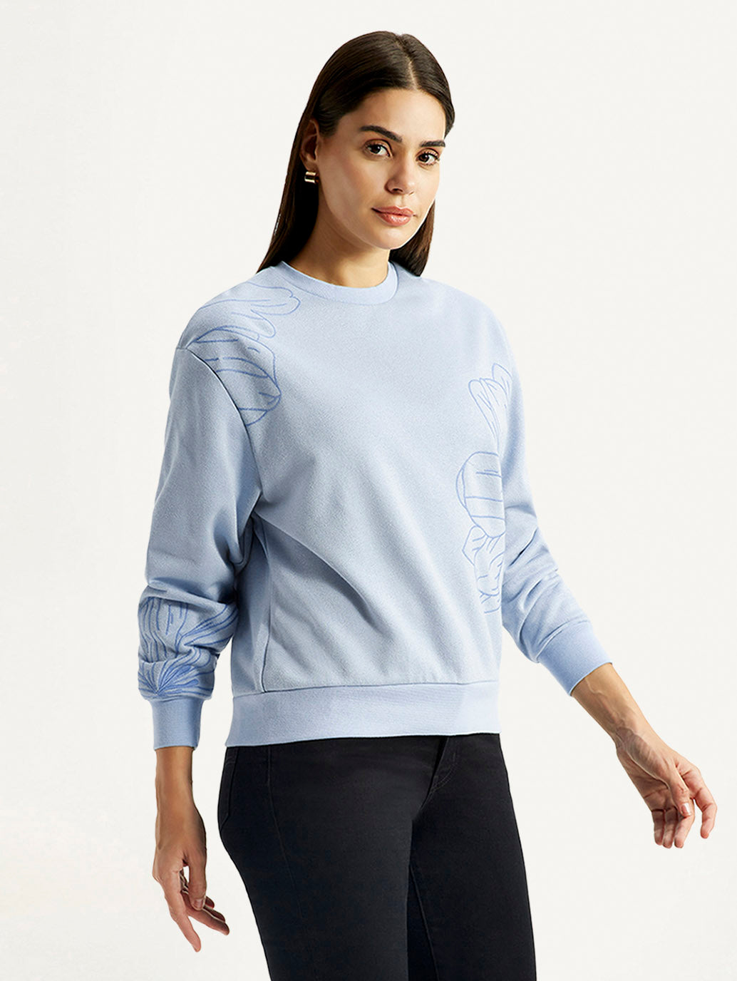 Women's Floral Blue Crew Neck Sweatshirt - Side View