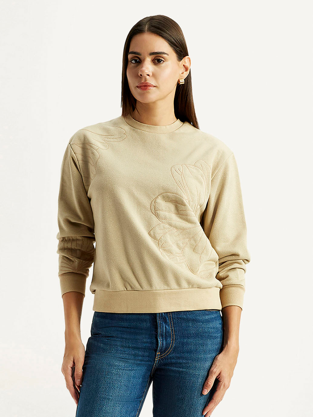 Women's Embroidered Beige Crew Neck Sweatshirt - Styleshot View