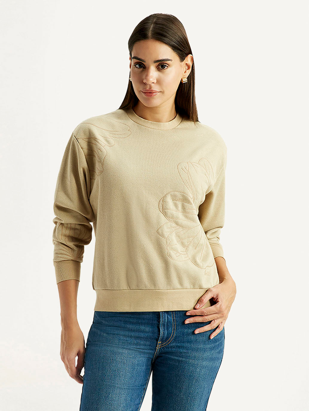Women's Embroidered Beige Crew Neck Sweatshirt - Front View