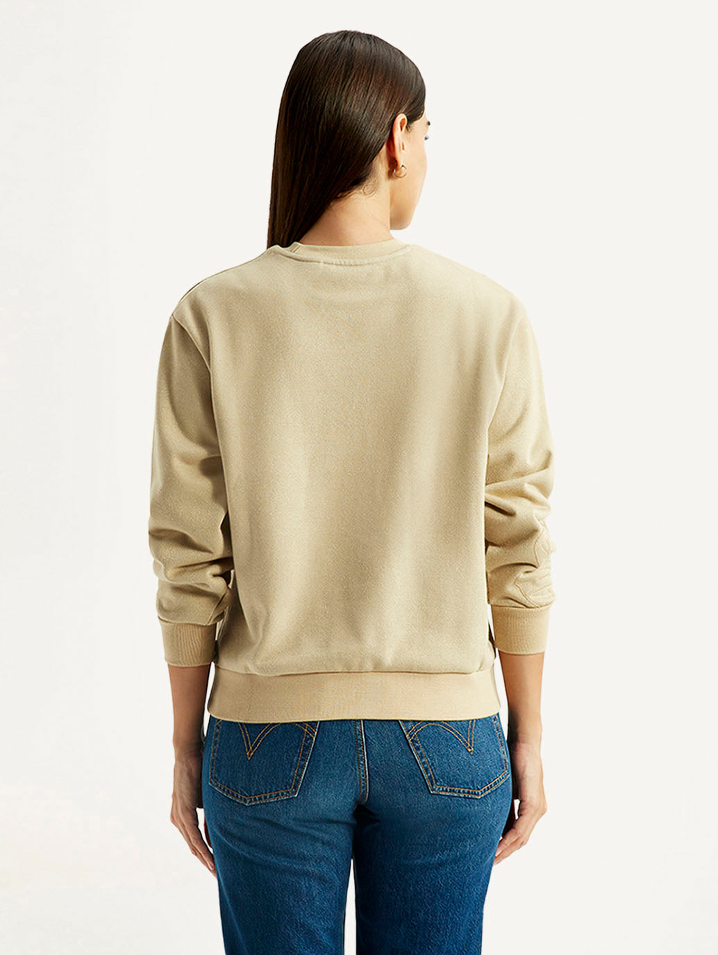 Women's Embroidered Beige Crew Neck Sweatshirt - Back View