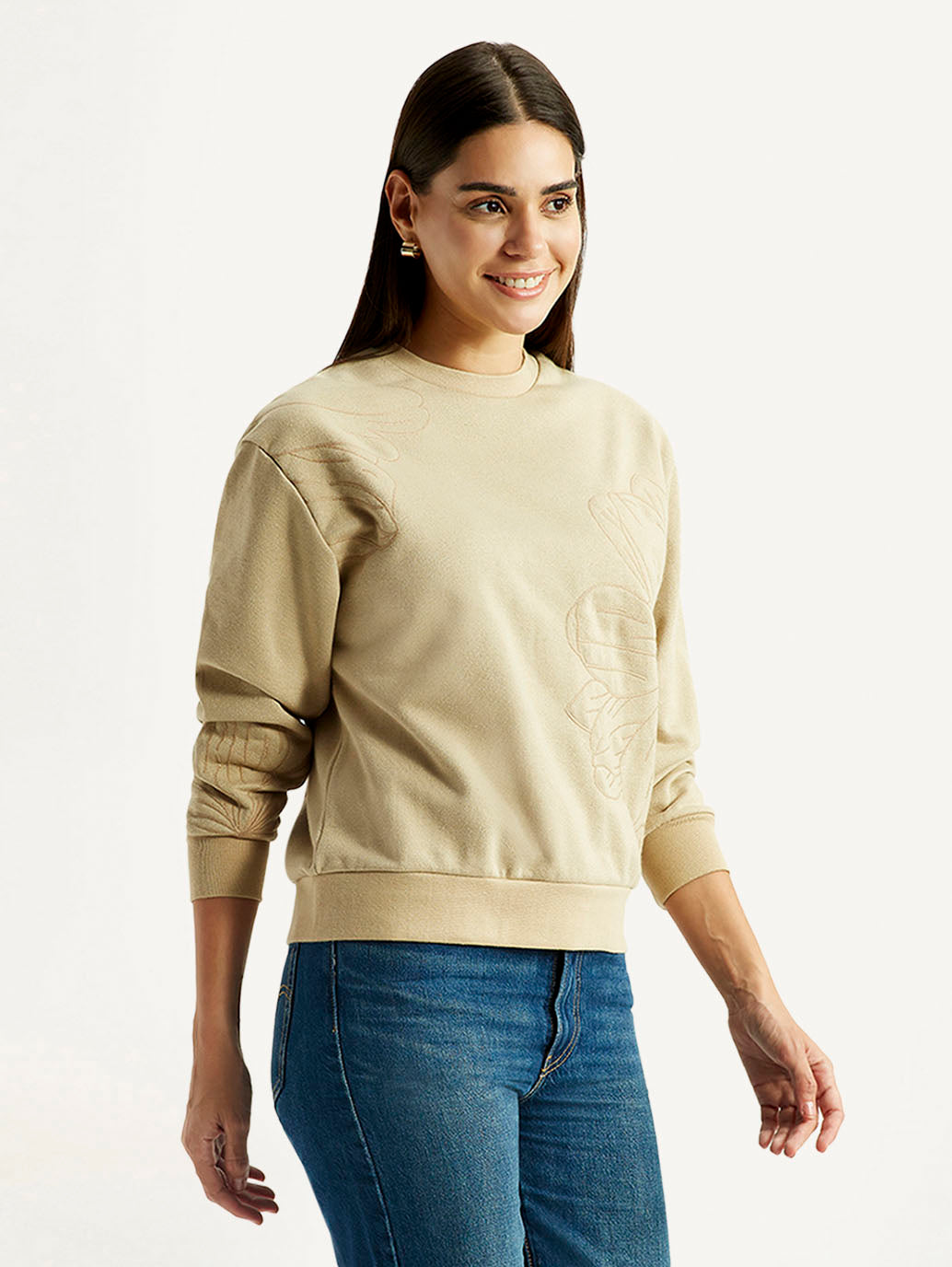 Women's Embroidered Beige Crew Neck Sweatshirt - Side View