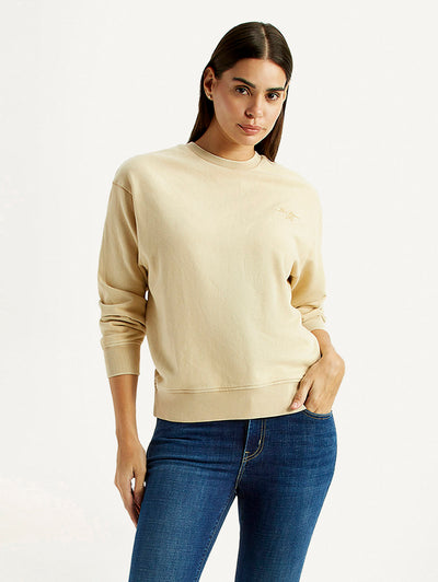 Women's Solid Beige Crew Neck Sweatshirt