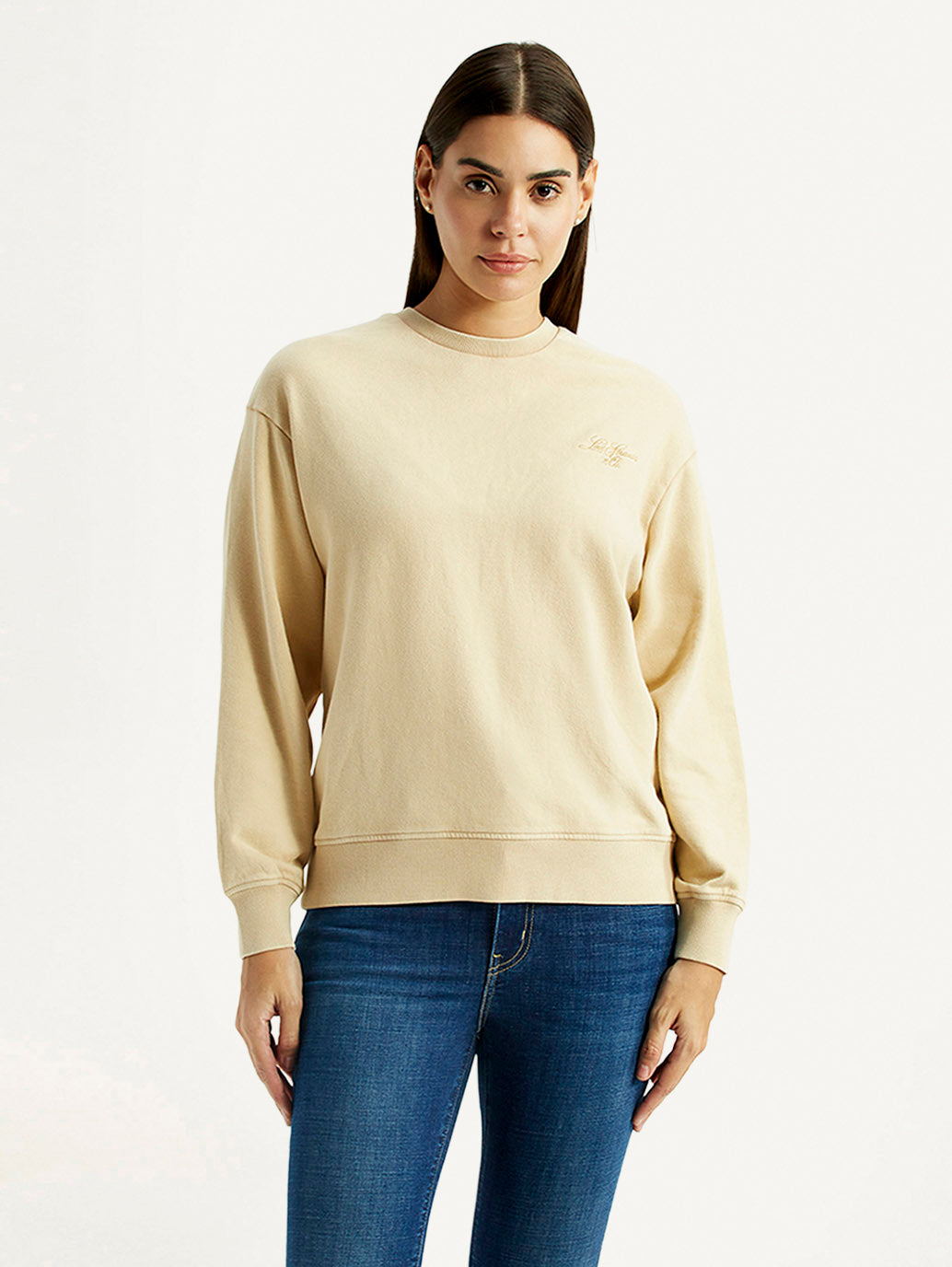 Women's Solid Beige Crew Neck Sweatshirt - Front View