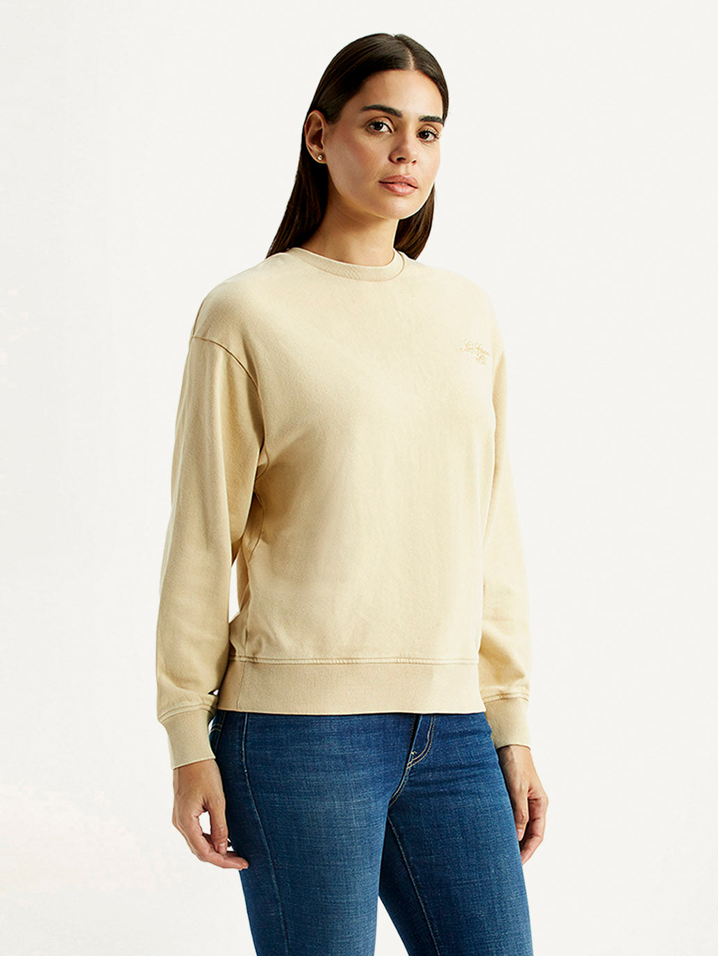 Women's Solid Beige Crew Neck Sweatshirt - Side View
