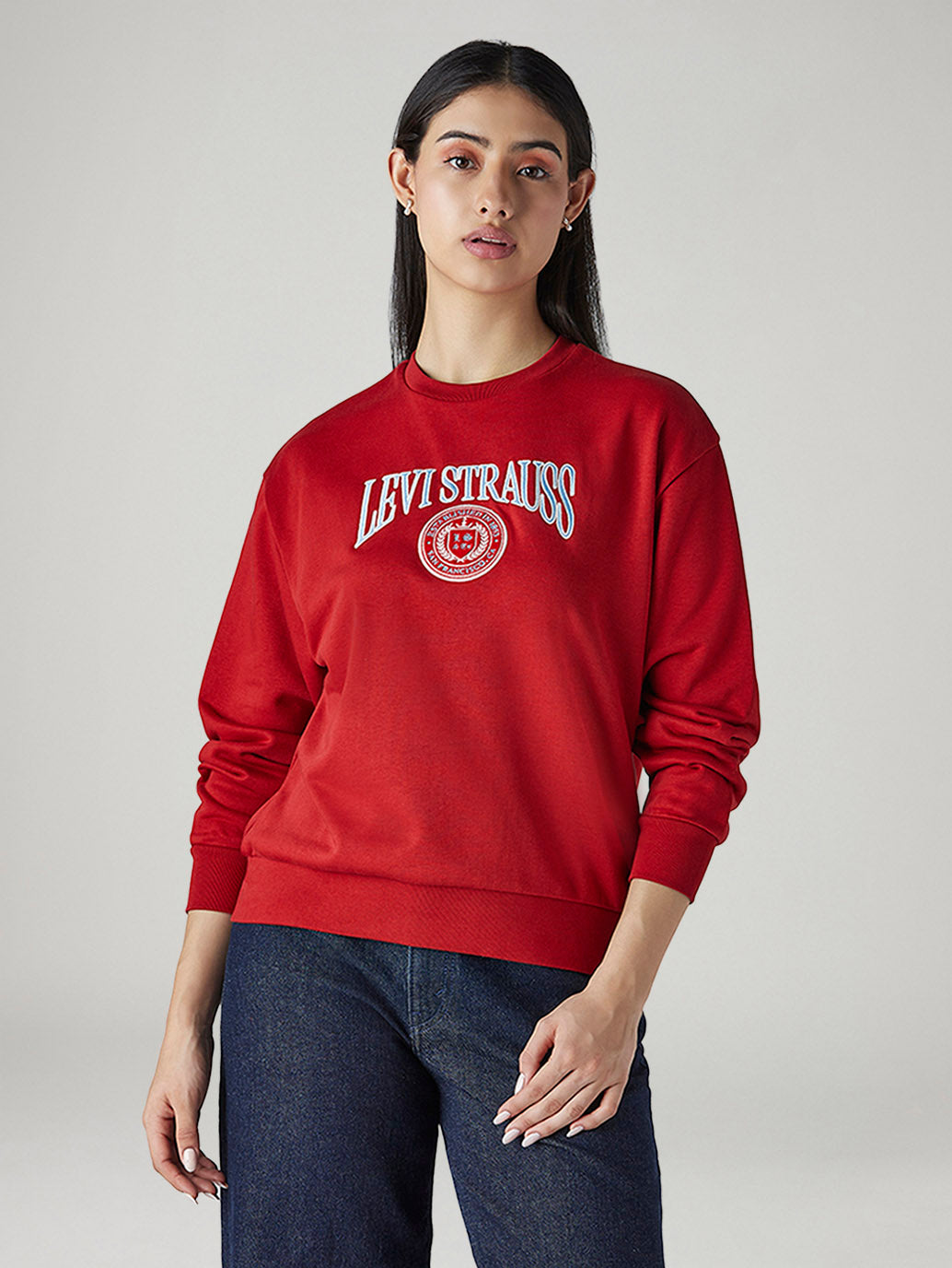 Women's Brand Logo Red Crew Neck Sweatshirt - Front View