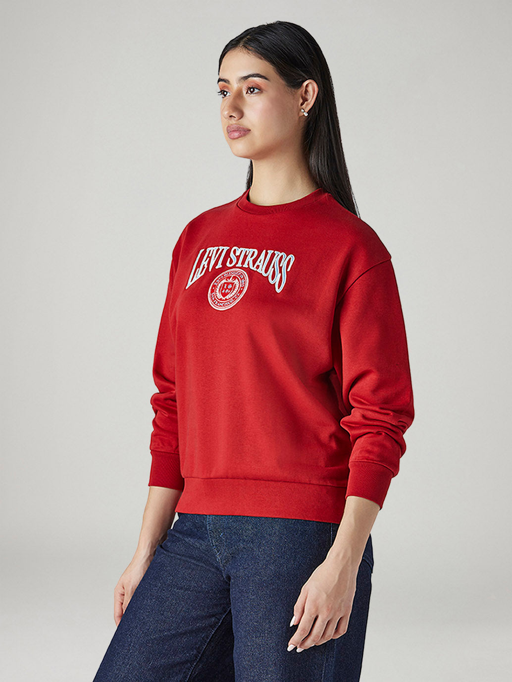 Women's Brand Logo Red Crew Neck Sweatshirt - Side View