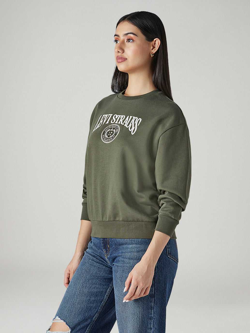 Women's Brand Logo Olive Crew Neck Sweatshirt - Side View