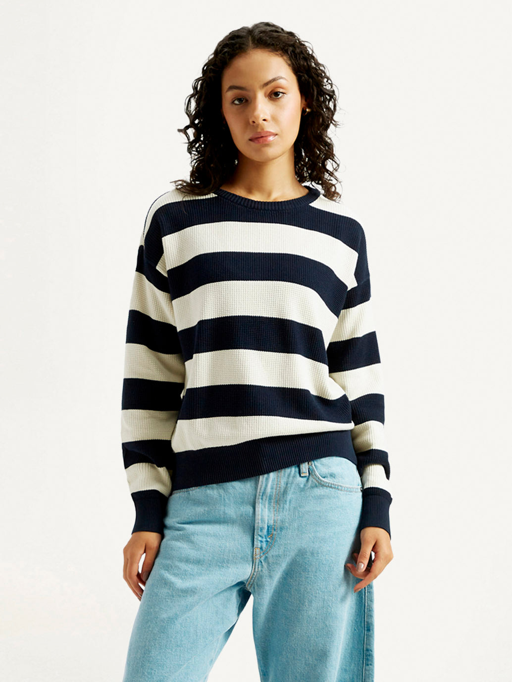 Women's Striped Navy Crew Neck Sweater - Styleshot View