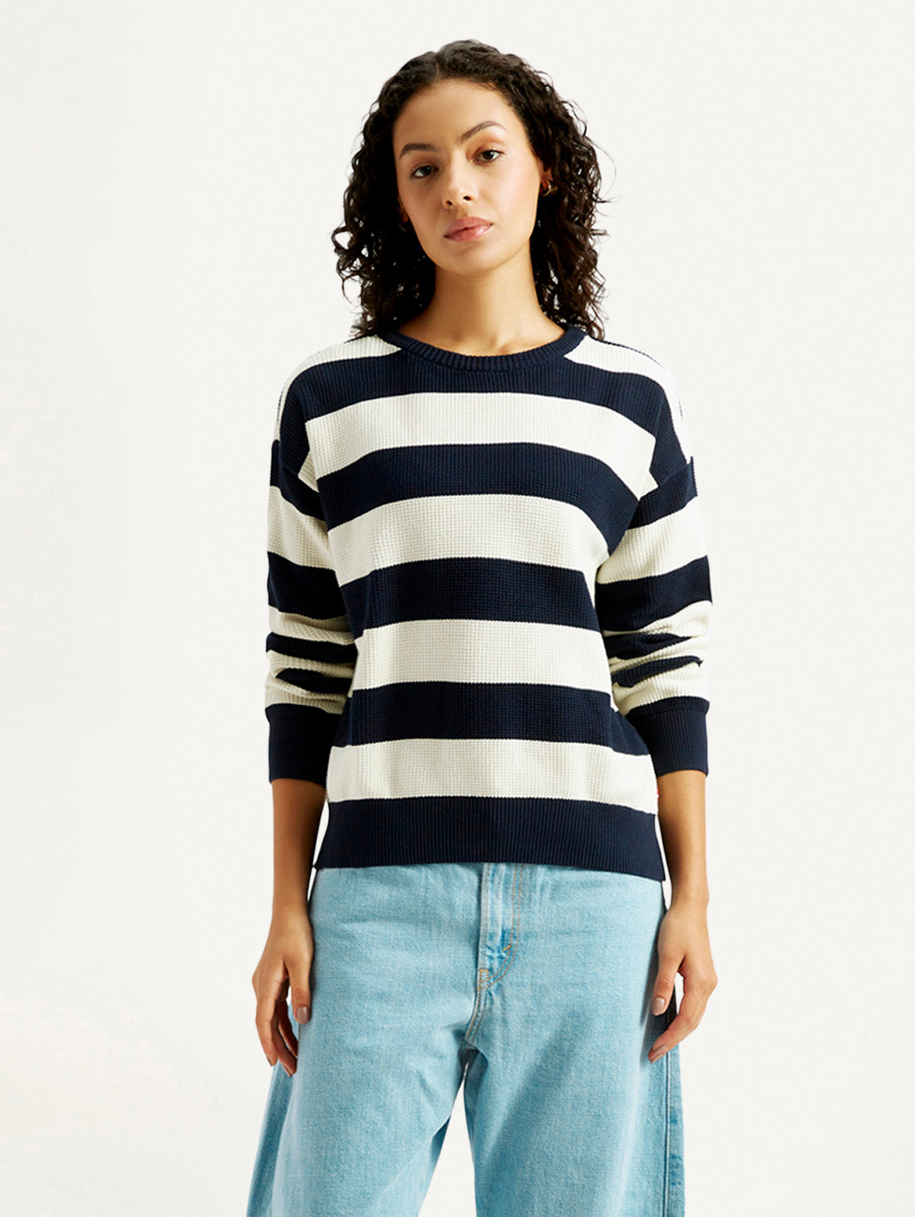 Women's Striped Navy Crew Neck Sweater - Front View