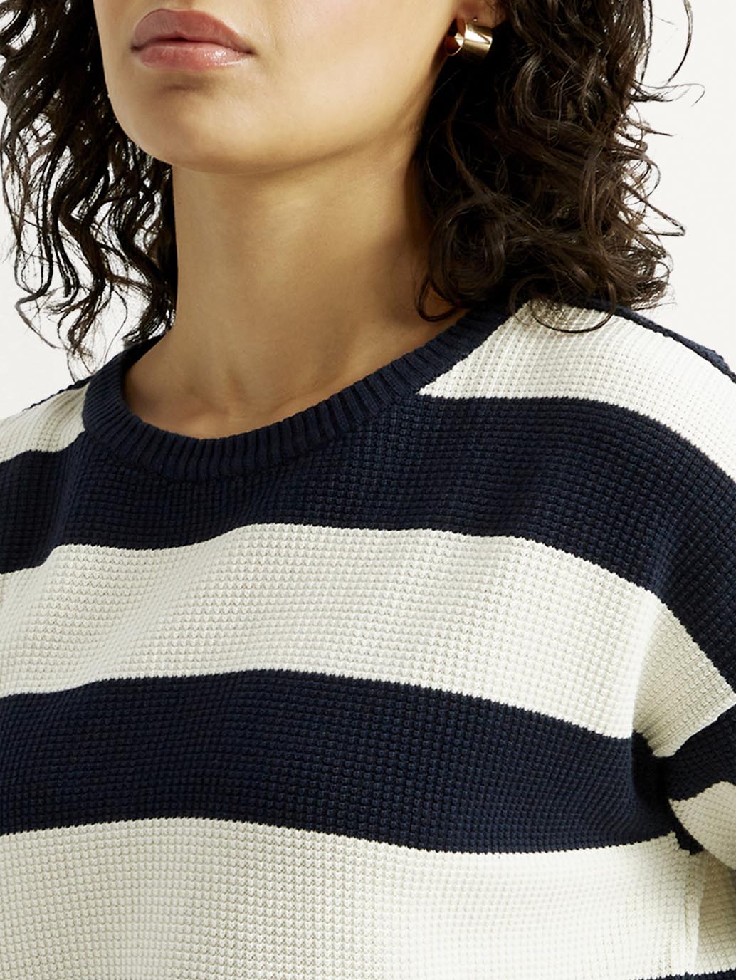 Women's Striped Navy Crew Neck Sweater - Detail View