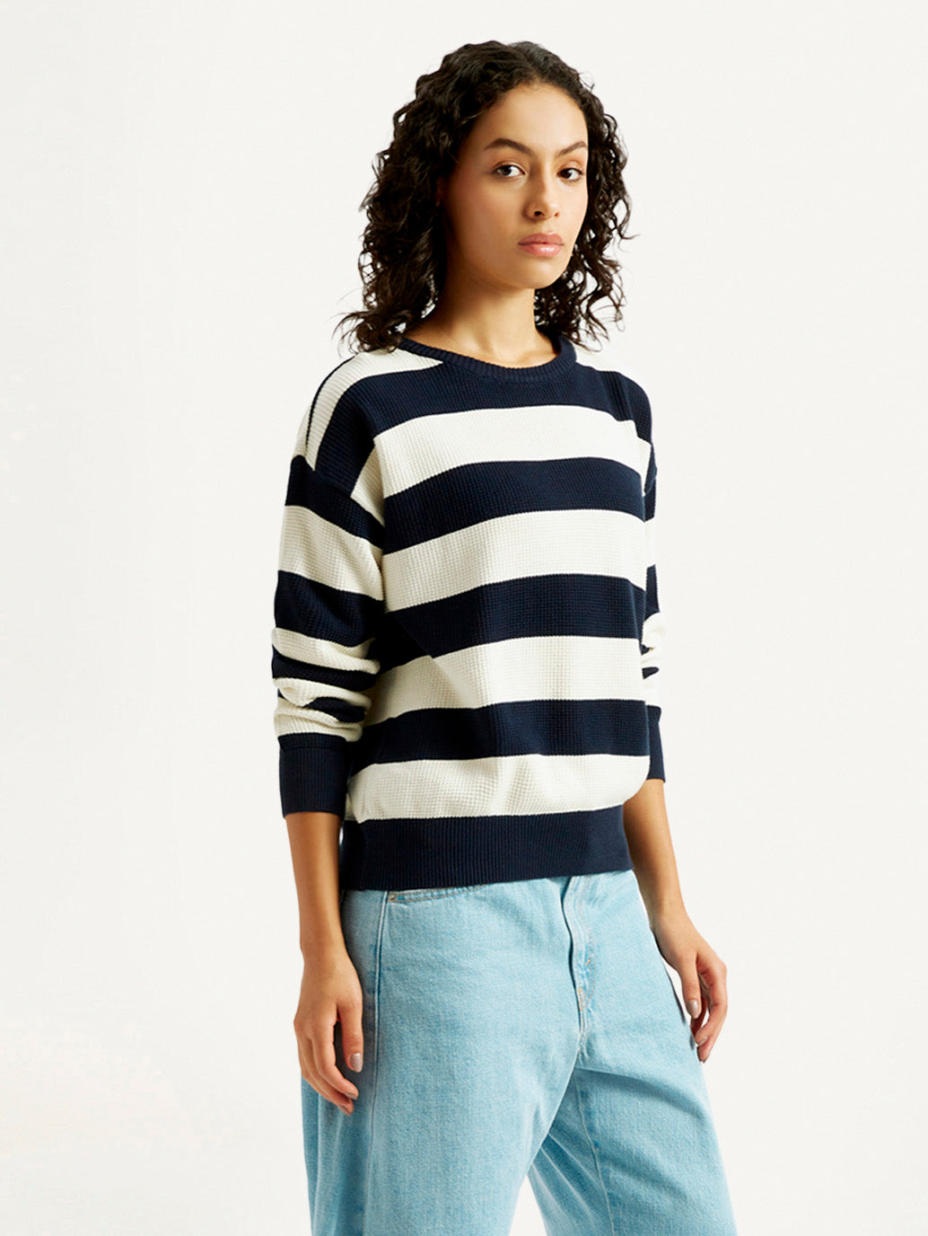 Women's Striped Navy Crew Neck Sweater - Side View