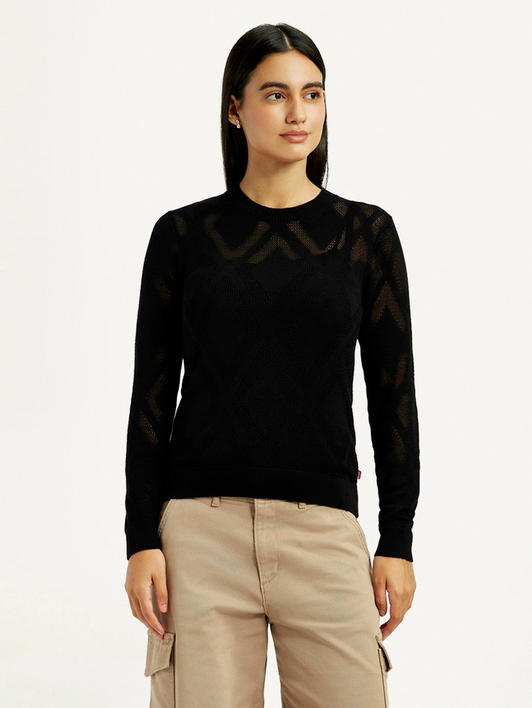 Women's Self Design Black Round Neck Sweater - Front View
