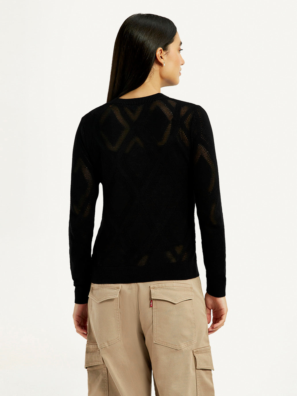 Women's Self Design Black Round Neck Sweater - Back View