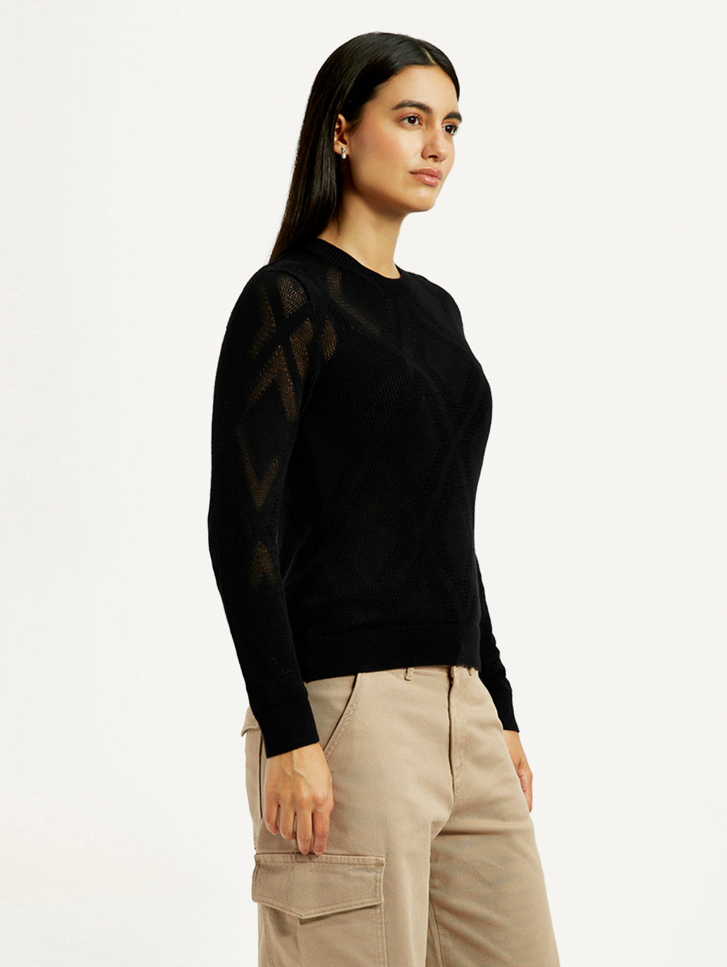 Women's Self Design Black Round Neck Sweater - Side View
