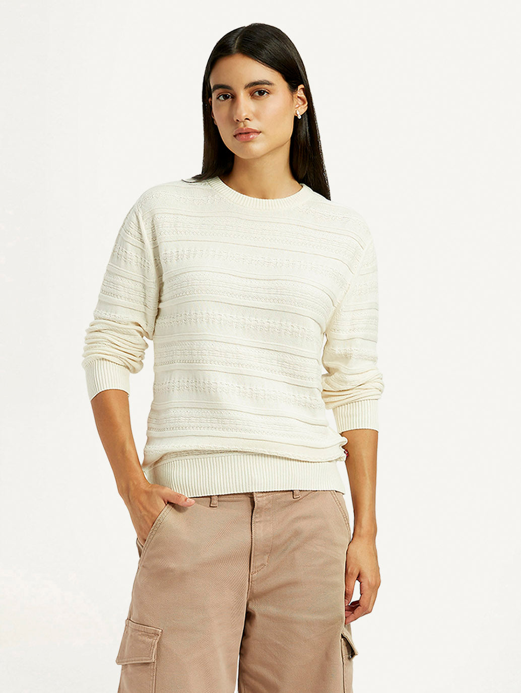 Women's Self Design Off White Round Neck Sweater