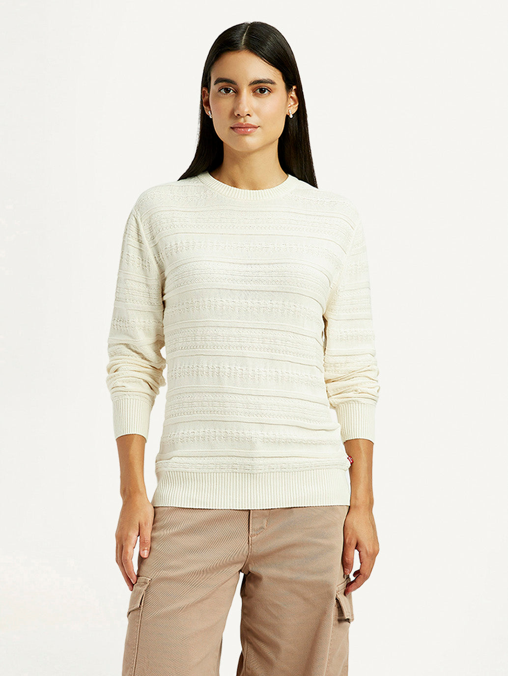Women's Self Design Off White Round Neck Sweater - Front View