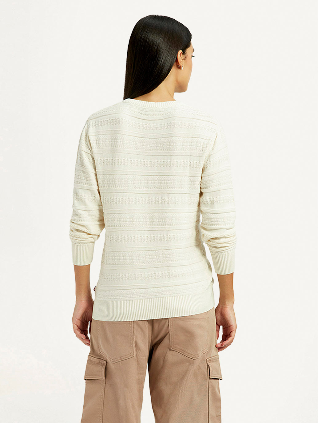 Women's Self Design Off White Round Neck Sweater - Back View