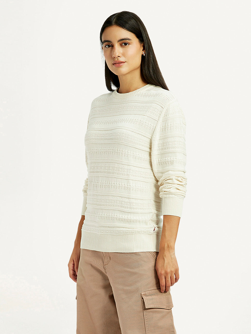 Women's Self Design Off White Round Neck Sweater - Side View