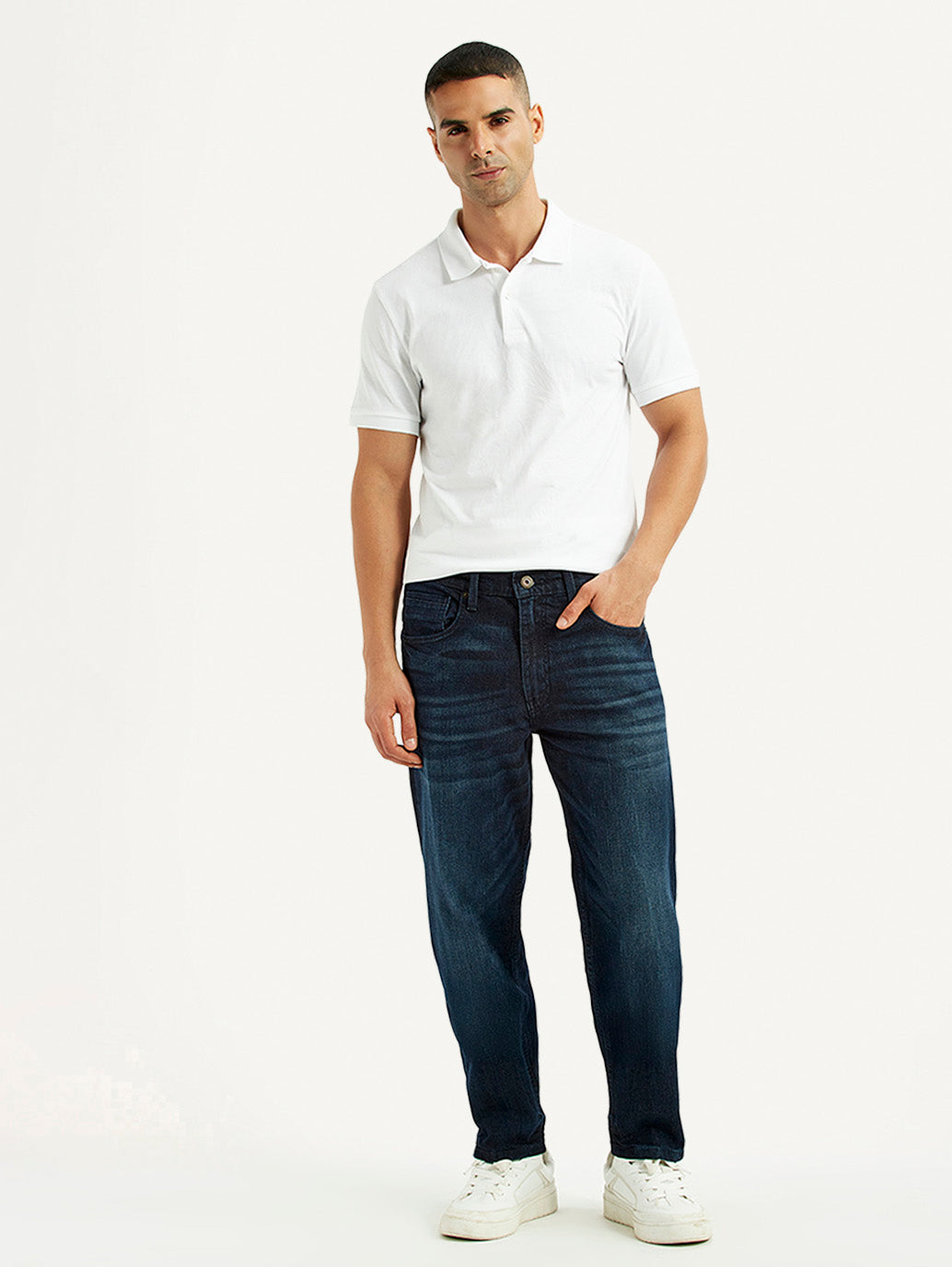 Men's 505 Dark Blue Straight Fit Mid Rise Jeans - Front View