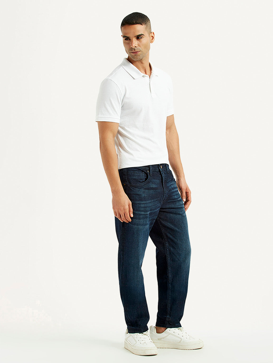 Men's 505 Dark Blue Straight Fit Mid Rise Jeans - Side View