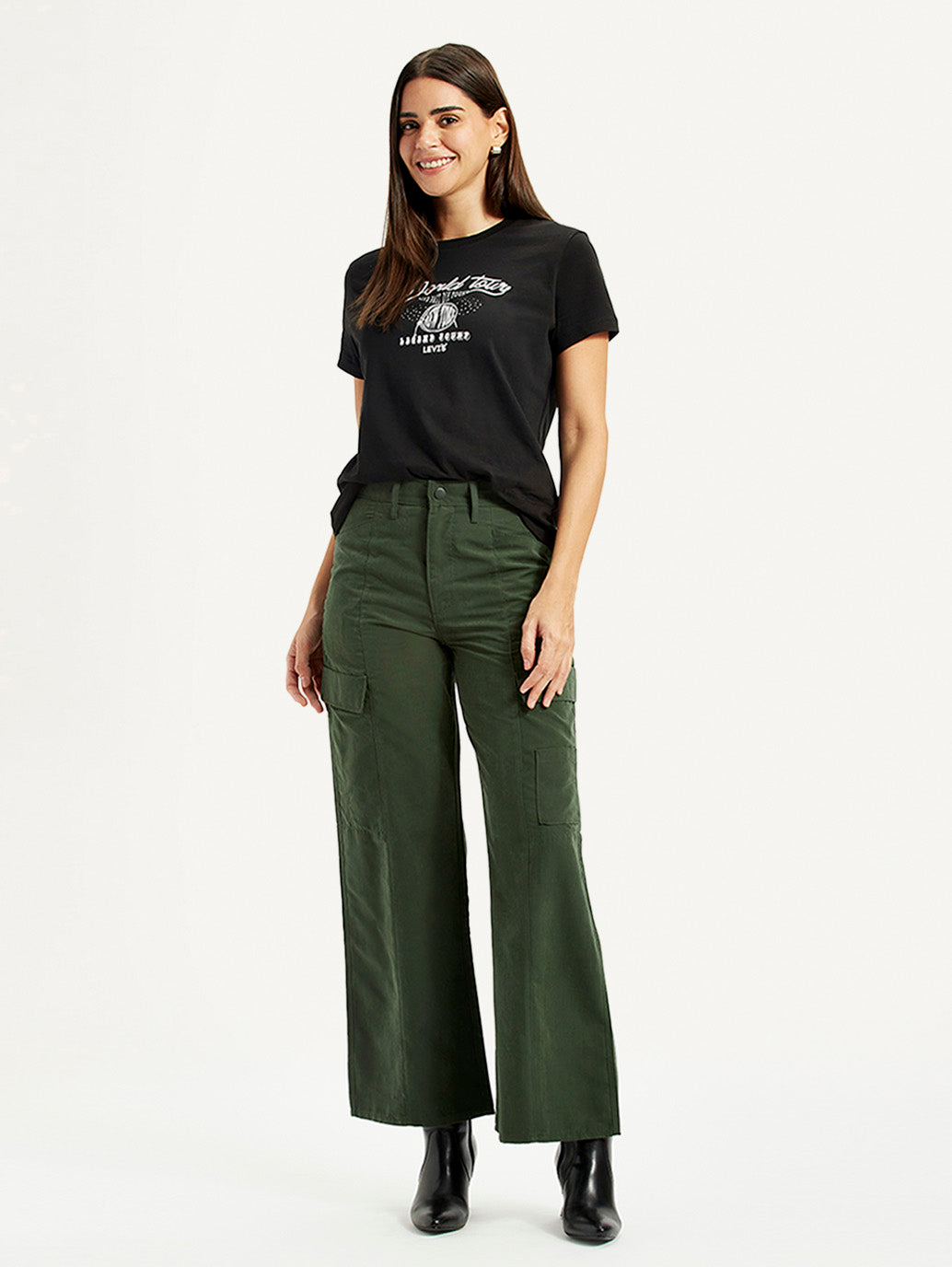 Women's High Rise Olive Green Wide Leg Fit Cargo Trouser - Styleshot View