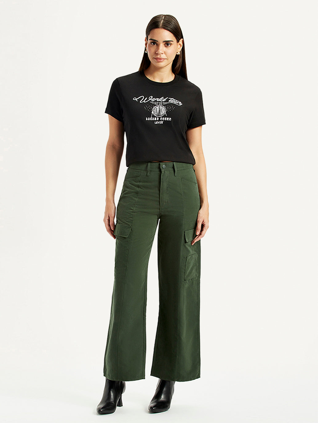 Women's High Rise Olive Green Wide Leg Fit Cargo Trouser - Front View